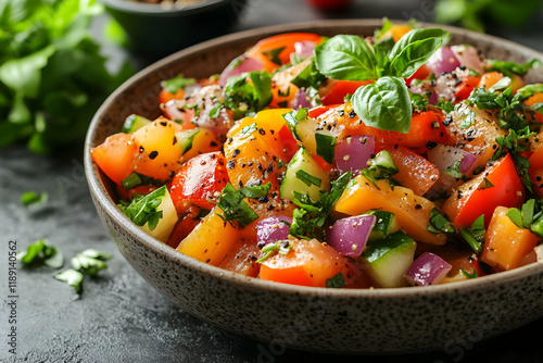 Vibrant and Fresh Vegetable Salad with Colorful Bell Peppers, Tomatoes, and Cucumbers