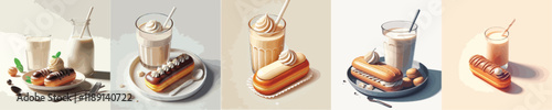 collection of sweet eclairs and milk dishes