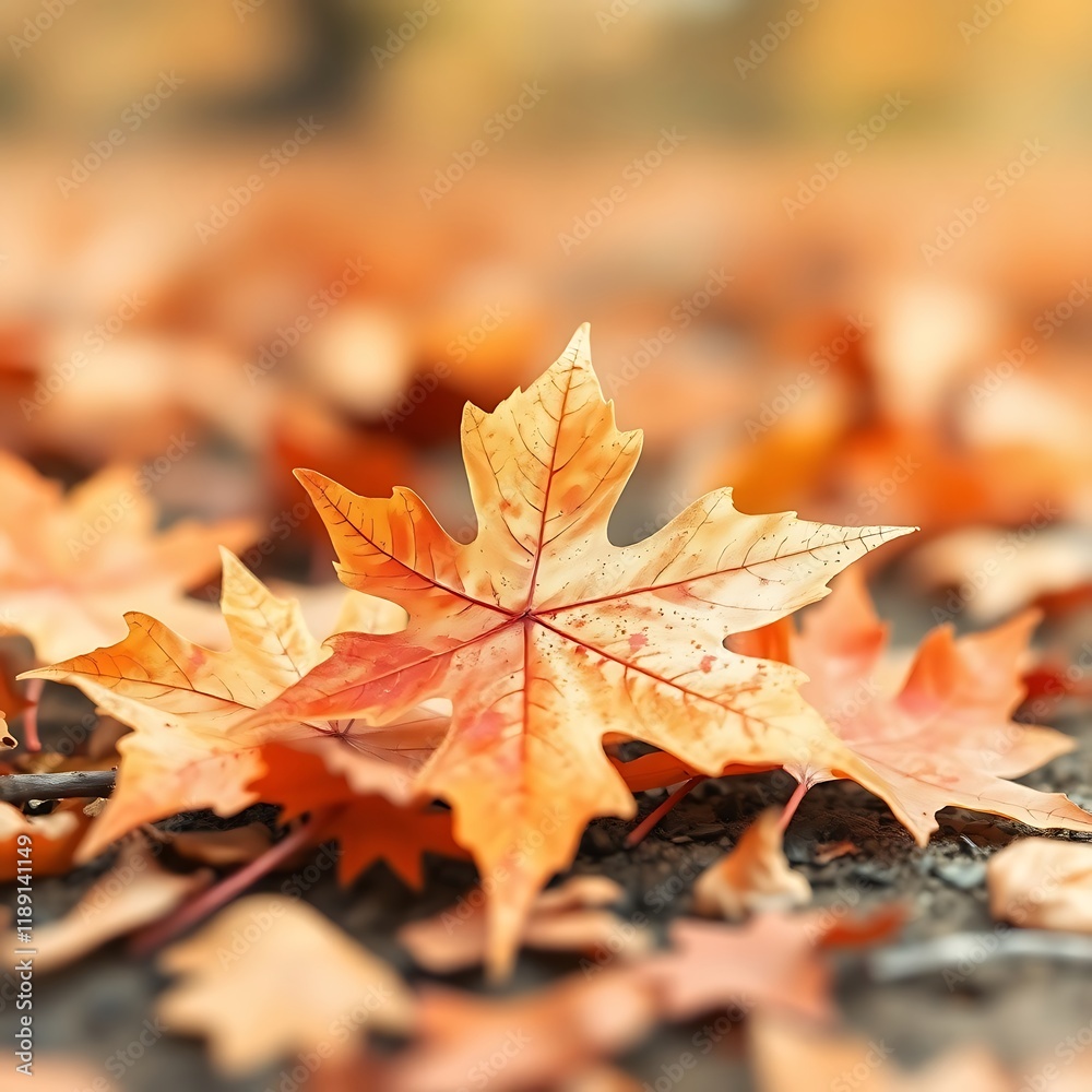 Close-up of a vibrant orange maple leaf on the ground among fallen autumn leaves. Close-up of a vibrant orange maple leaf on the ground among fallen autumn leaves.