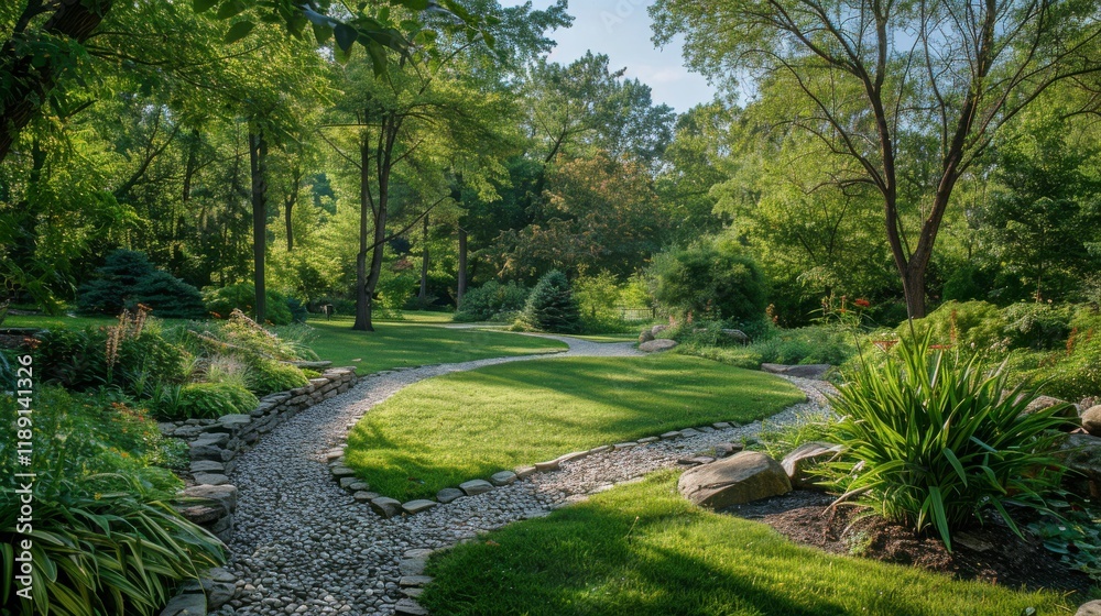 Serene Landscape with Curved Pathway Through Lush Greenery in a Beautiful Garden Setting Surrounded by Vibrant Plants, Trees, and Rocks on a Sunny Day Serene Landscape with Curved Pathway Through Lush Greenery in a Beautiful Garden Setting Surrounded by Vibrant Plants, Trees, and Rocks on a Sunny Day