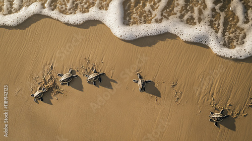 Cute newborn Sea Turtle,  Caretta caretta, birth on the sand beach, Bahia, Brazil. Ocean Live, small Loggerhead and hawksbill baby release nest to sea water. Young tortoise born wild.  close up photo