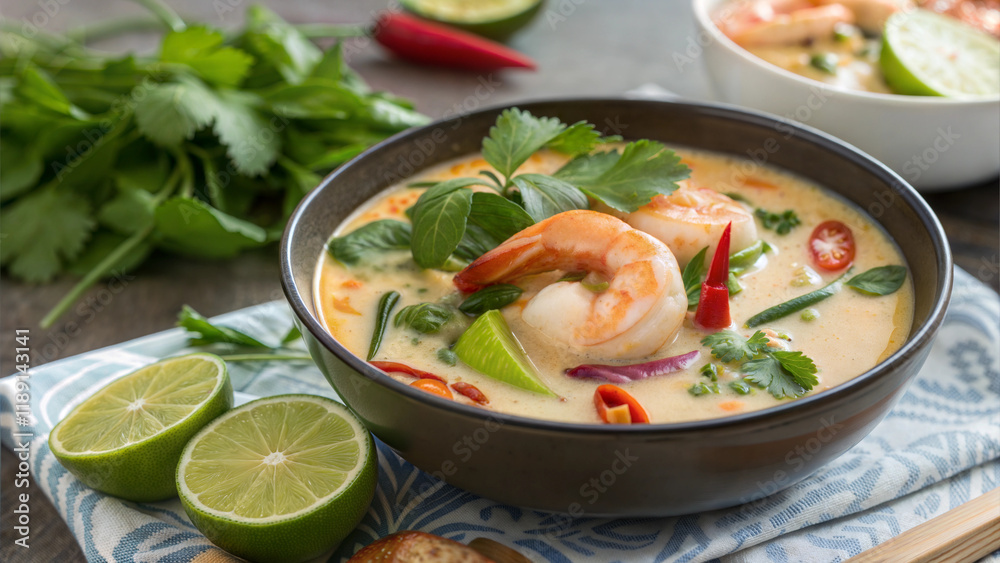Delicious bowl of shrimp soup with vibrant herbs and vegetables on a wooden table Delicious bowl of shrimp soup with vibrant herbs and vegetables on a wooden table