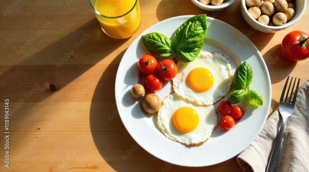 Sunny-side-up eggs, cherry tomatoes, mushrooms, and basil garnished breakfast plate with a glass of orange juice Sunny-side-up eggs, cherry tomatoes, mushrooms, and basil garnished breakfast plate with a glass of orange juice