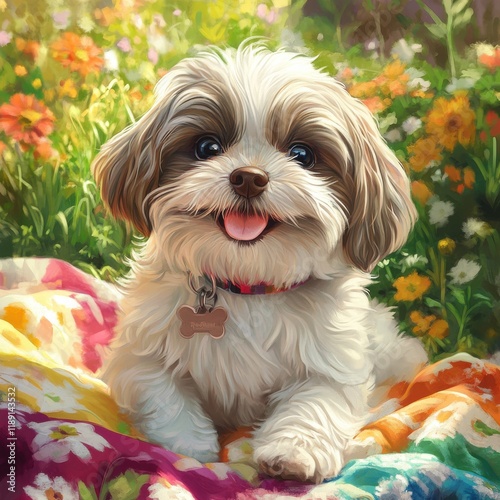 Happy dog enjoying a sunny day in a colorful flower garden with a vibrant blanket