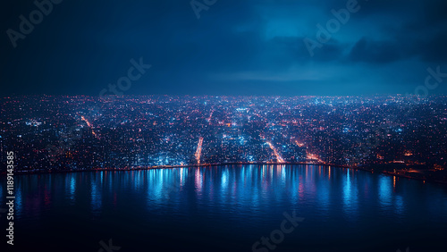 A night view of a hydrogen-powered cityscape with glowing lights photo