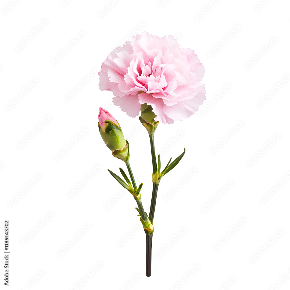 Delicate pink carnation flower with soft petals in full bloom against white background Delicate pink carnation flower with soft petals in full bloom against white background