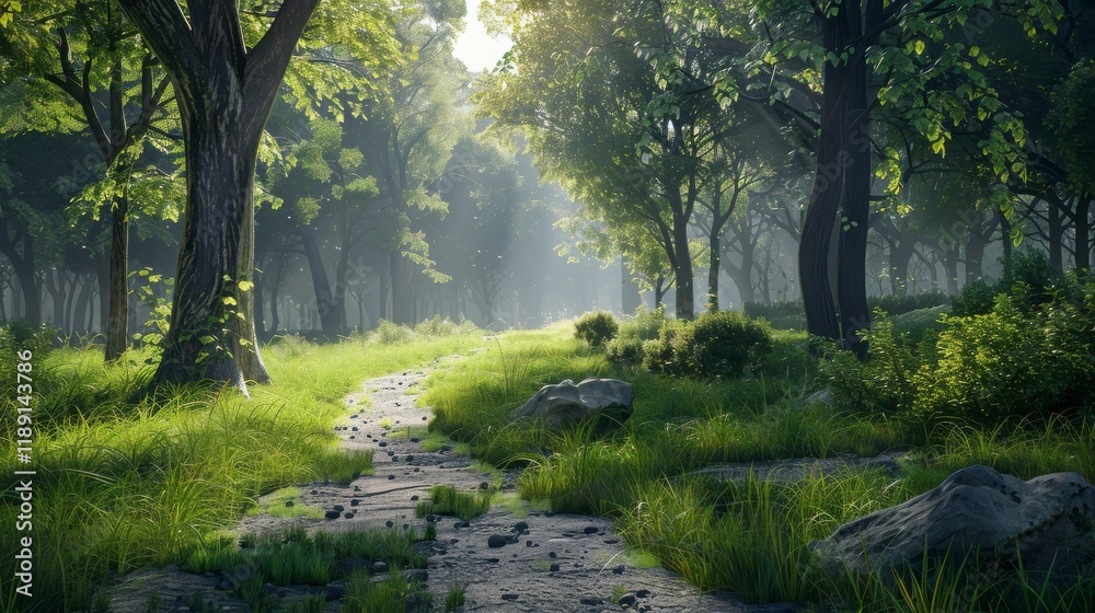 Naklejka premium Serene Forest Pathway Surrounded by Lush Greenery and Rays of Light Filtering Through Tall Trees in a Peaceful Natural Landscape