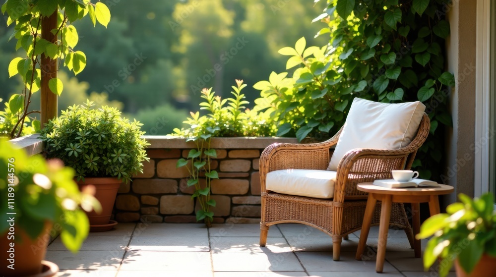Obraz premium Relaxing wicker chair on a sun-drenched patio with lush greenery