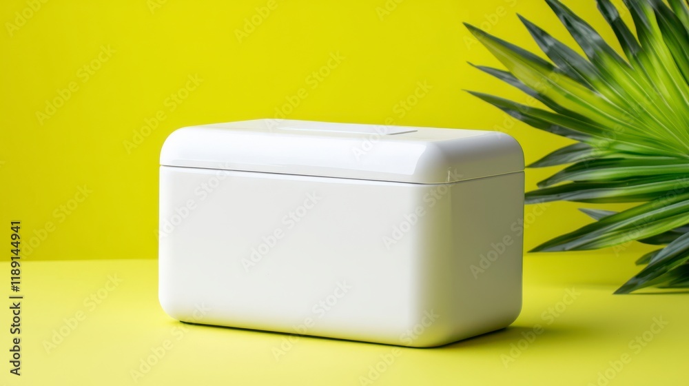 A sleek white container sits against a vibrant yellow background, accompanied by a green plant, creating a fresh and modern aesthetic. A sleek white container sits against a vibrant yellow background, accompanied by a green plant, creating a fresh and modern aesthetic.