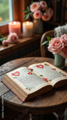 Romantic Vintage Book on Rustic Table: Valentine's Day Library Scene for Bookstore Promotions and Literary Events photo