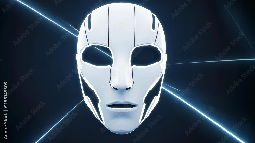 Glowing Futuristic Mask with Sleek Design and Illuminated Lines Against Dark Background Mysterious Technology Marvel with Robotic Elements and Eerie Atmosphere