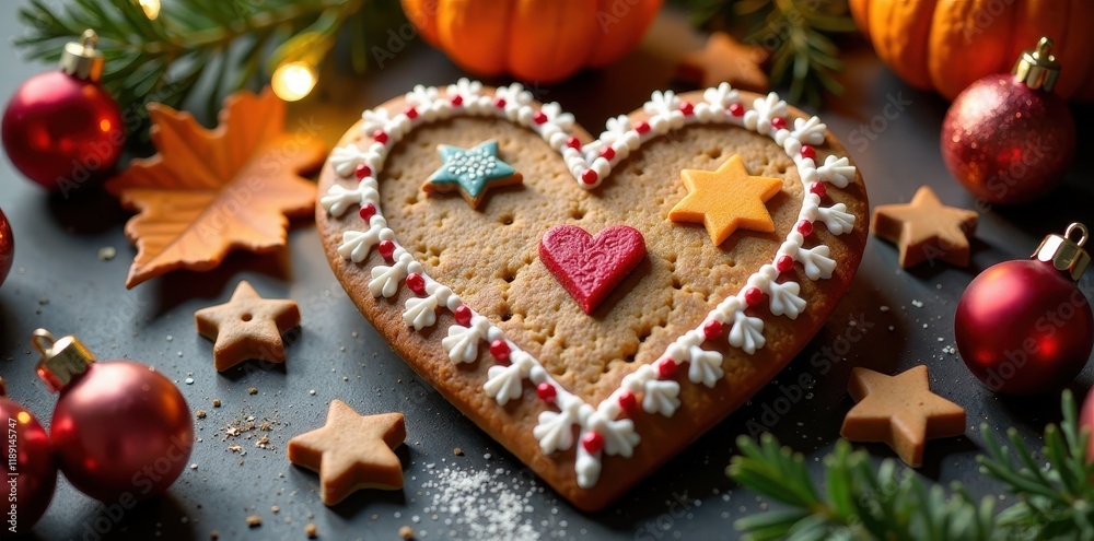 Oktoberfest gingerbread cookie heart with ornaments, ample copy space, holiday, photography Oktoberfest gingerbread cookie heart with ornaments, ample copy space, holiday, photography