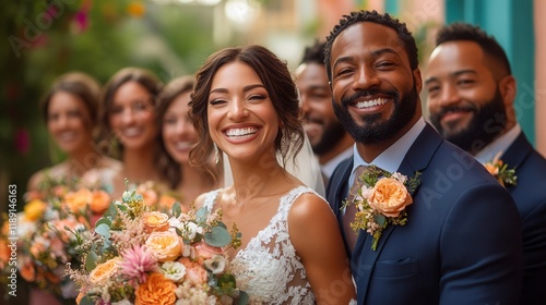 A joyful wedding scene featuring a smiling bride in an elegant lace gown, a cheerful groom in a sharp suit, and their wedding party holding vibrant floral bouquets in a colorful outdoor setting.