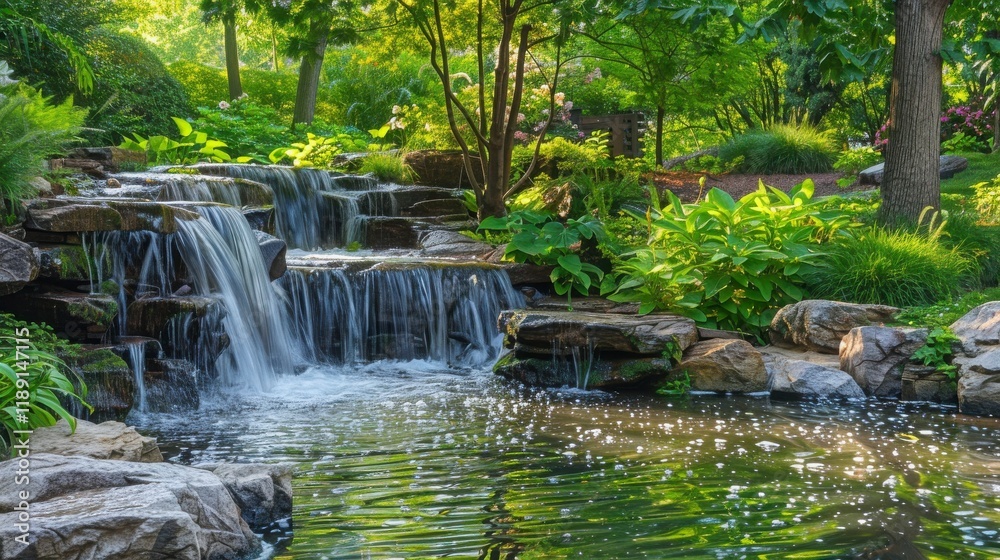 Serene Landscape with Cascading Waterfalls Surrounded by Lush Greenery and Vibrant Flora in a Tranquil Nature Setting Ideal for Relaxation and Reflection Serene Landscape with Cascading Waterfalls Surrounded by Lush Greenery and Vibrant Flora in a Tranquil Nature Setting Ideal for Relaxation and Reflection
