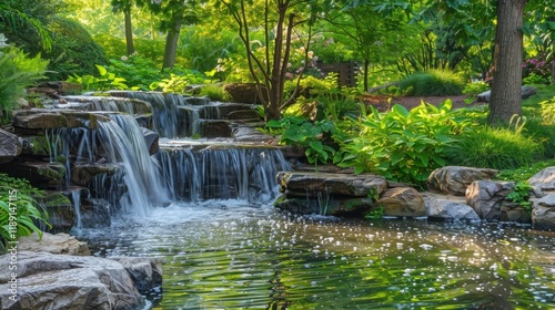 Serene Landscape with Cascading Waterfalls Surrounded by Lush Greenery and Vibrant Flora in a Tranquil Nature Setting Ideal for Relaxation and Reflection