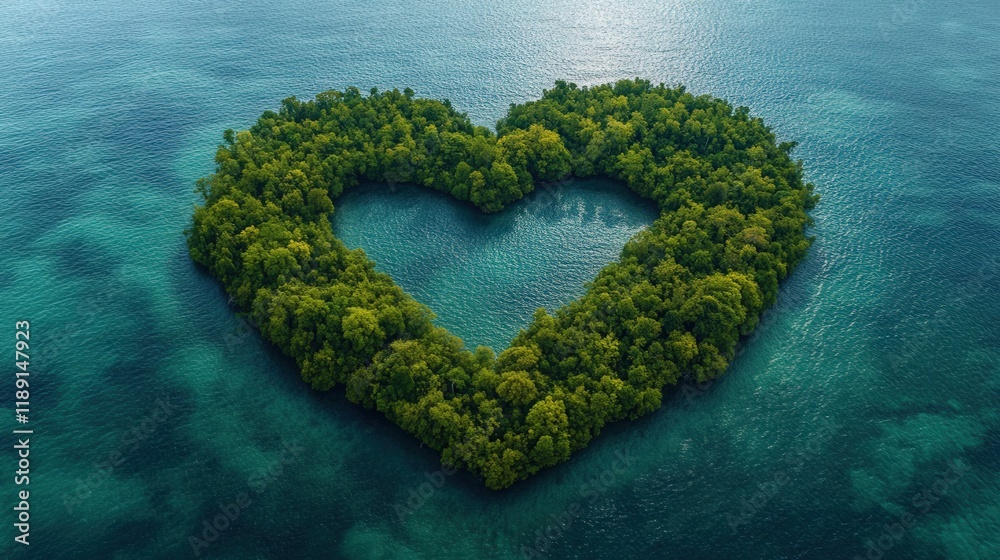 Heart shaped island surrounded by turquoise ocean water on a clear sunny day valentine day Heart shaped island surrounded by turquoise ocean water on a clear sunny day valentine day