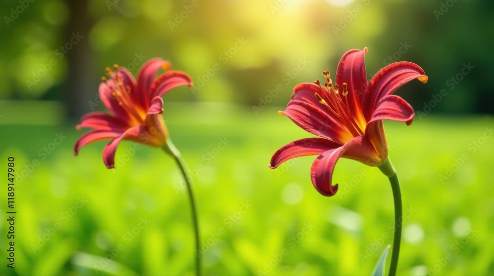 Fototapeta premium Two vibrant red lilies bask in sunlight, flourishing amidst a verdant meadow