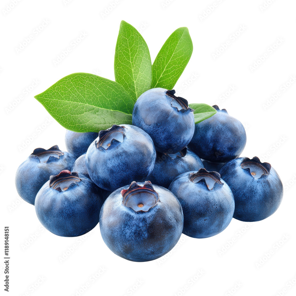 Fresh Blueberries with Green Leaves on White Background Fresh Blueberries with Green Leaves on White Background