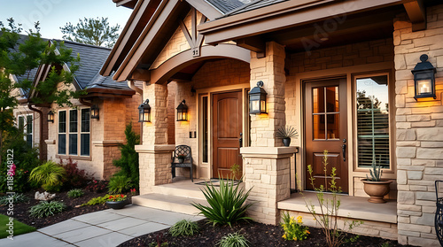 Luxury Home Exterior: Brick Facade, Landscaping, and Evening Lighting