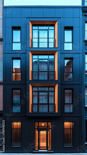 Modern Residential Building Facade at Night with Illuminated Windows and Clean Lines in Urban Environment