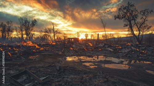 Dramatic Sunset Over Charred Landscape After Wildfire with Smoke and Remnants of a Burned Forest photo