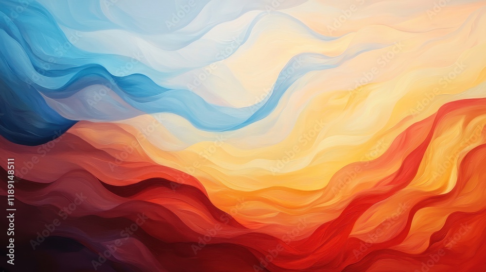 Fototapeta premium Abstract fluid art with warm and cool color gradients flowing together in a serene, wavy design suitable for modern decor