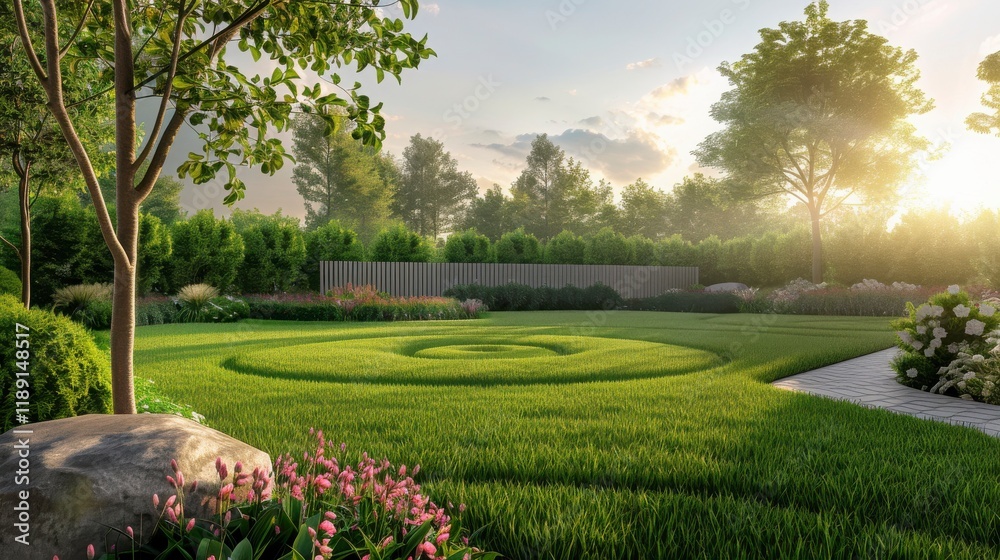 Fototapeta premium Serene Garden Landscape at Sunrise with Spiral Patterns on Lush Green Grass, Colorful Flower Beds, and Soft Natural Lighting in a Peaceful Outdoor Setting