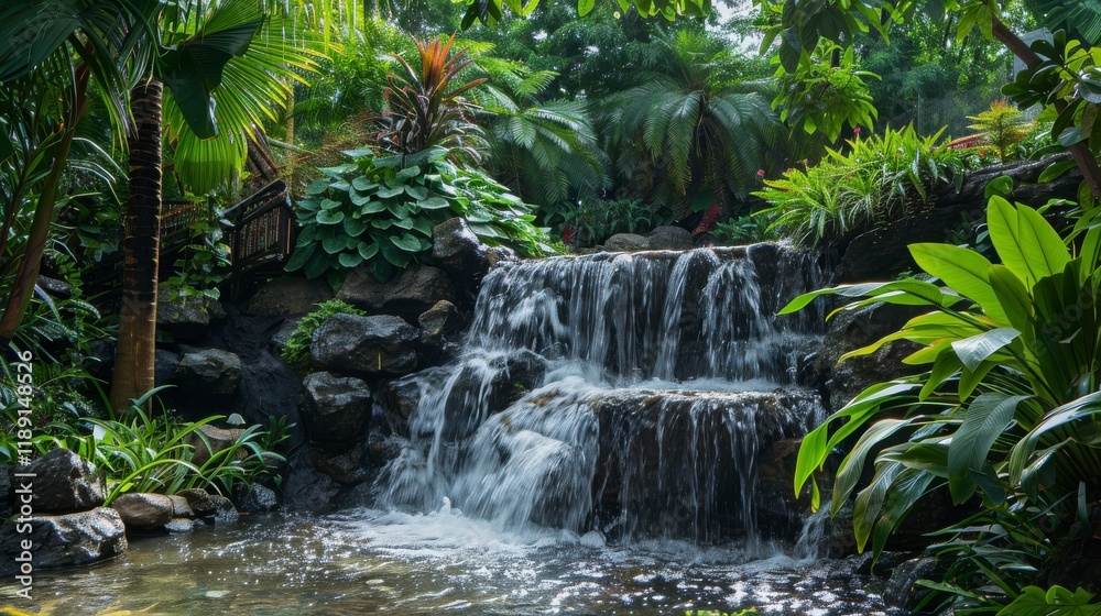 Fototapeta premium Serene Tropical Waterfall Cascading Amidst Lush Green Foliage in a Silent Oasis Surrounded by Exotic Plants and Vibrant Nature for Tranquility and Relaxation