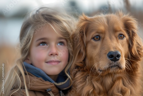 young child hugging golden dog outdoors both gazing upward with tranquil expressions soft background copyspace concept of friendship pet care loyalty