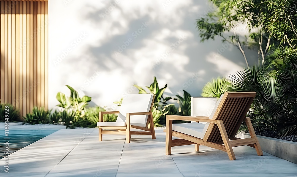 Lawn chairs and swimming pool in backyard
Lawn chairs and swimming pool in backyard