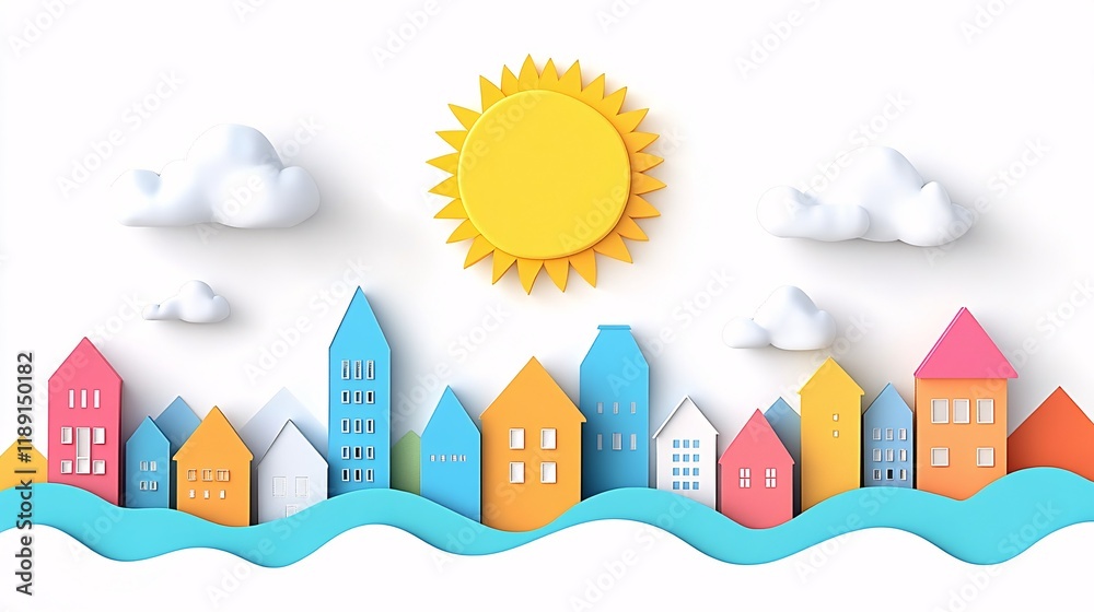 Fototapeta premium Colorful paper cutout cityscape with sun and clouds over blue wave design