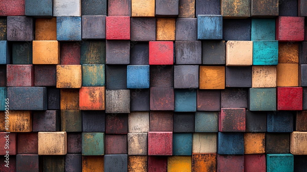Colorful wooden cubes arranged in an artistic pattern on a textured surface Colorful wooden cubes arranged in an artistic pattern on a textured surface