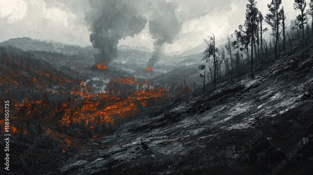 Fototapeta premium Devastating Wildfire in Forest Landscape with Smoke and Flames Sweeping Through the Hills and Trees