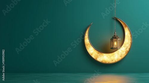 A serene Ramadan setting featuring a crescent moon light fixture placed on a flat solid emerald green background. photo