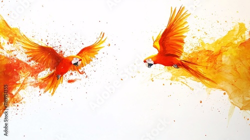 Colorful macaws soaring through a vibrant orange and yellow abstract background