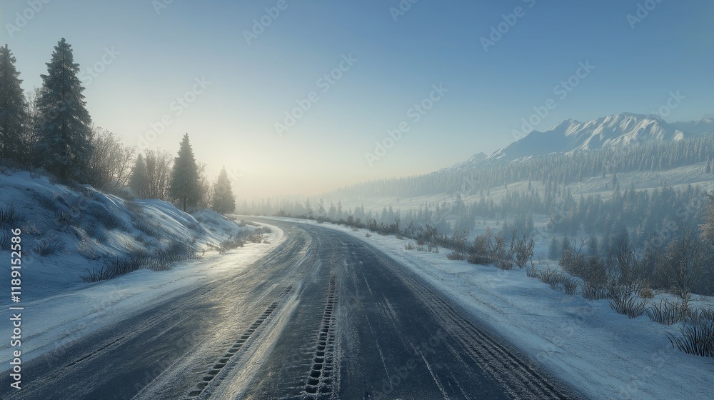 Icy winter road winding through a mountain landscape at sunrise, symbolizing travel, adventure, scenic beauty, seasonal weather, and the serene cold wilderness, Generative AI Icy winter road winding through a mountain landscape at sunrise, symbolizing travel, adventure, scenic beauty, seasonal weather, and the serene cold wilderness, Generative AI