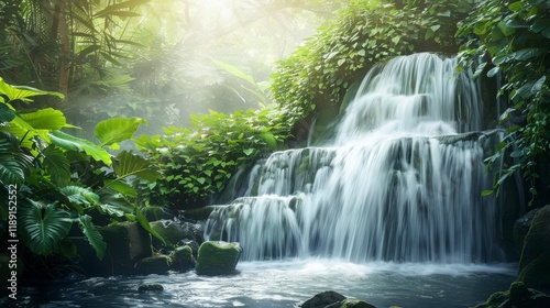 Serene Waterfall Cascading Through Lush Tropical Forest Surrounded by Exotic Foliage and Soft Mist Enhancing the Tranquil Atmosphere of Nature's Beauty