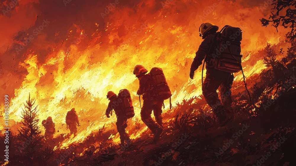 Fototapeta premium Brave Firefighters Battling Intense Wildfire Flames During Challenging Operation in Forested Area