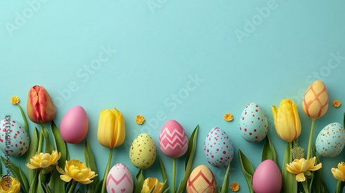 Colorful Easter eggs and flowers arranged on a blue background for festive celebration