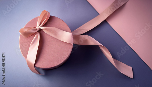 solid color round gift box with ribbon on background generative ai