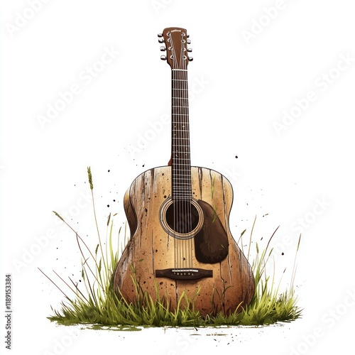 Weathered acoustic guitar in field, sunset background, album art