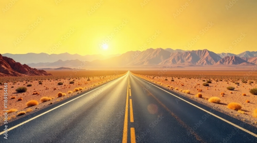 Fototapeta premium Asphalt ribbon unwinding towards a vibrant sunset over a desert landscape with distant mountains