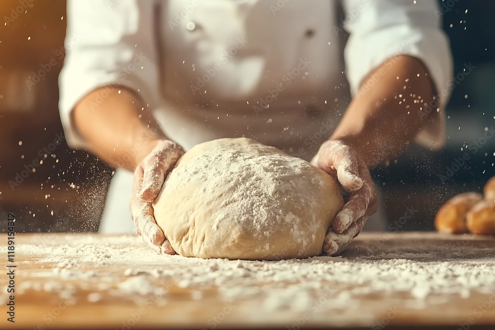 Fototapeta premium Artisan Baker Kneading Dough in Warm Light