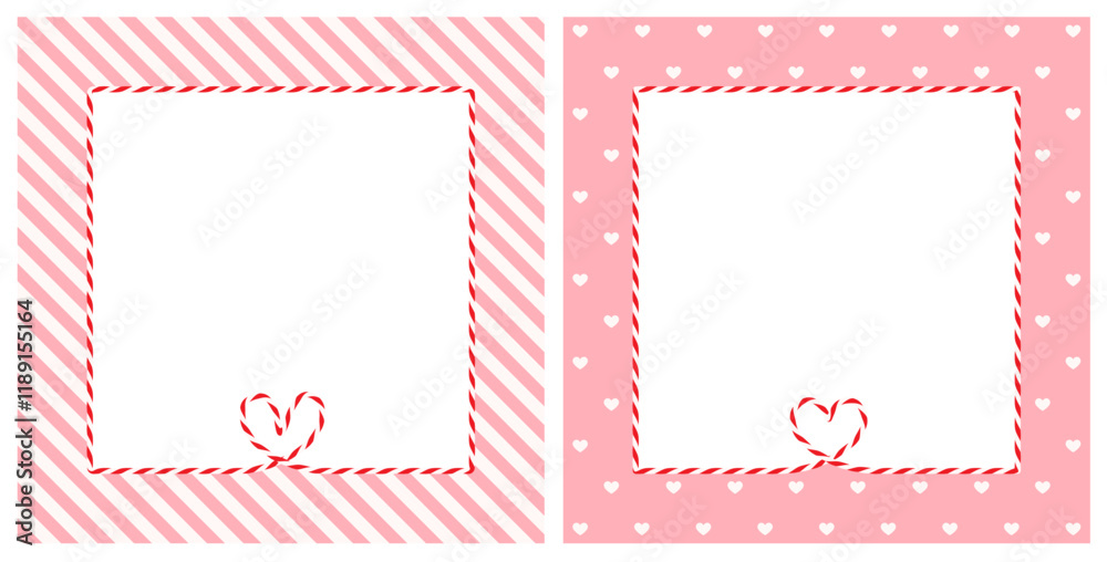 Square white frame, text box on wrapping paper, gift tied up with cotton red rope bakers twine heart and ribbon.Packing string for decoration, present for Valentine's day. Flat vector background EPS10 Square white frame, text box on wrapping paper, gift tied up with cotton red rope bakers twine heart and ribbon.Packing string for decoration, present for Valentine's day. Flat vector background EPS10