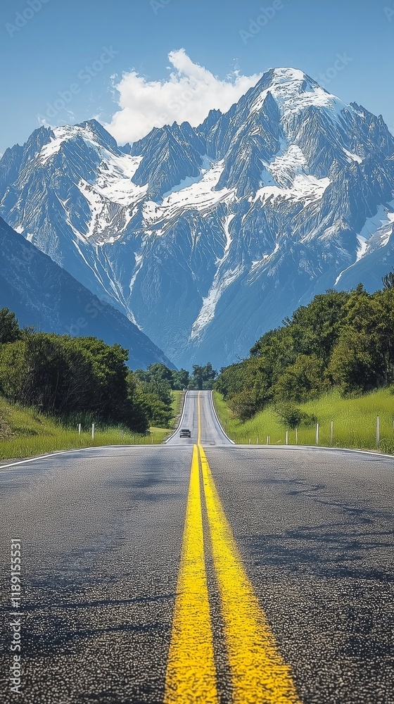 Naklejka premium cenic highway with yellow road markings leading to majestic mountains, symbolizing travel, adventure, freedom, exploration, and a journey towards an inspiring destination, Generative AI