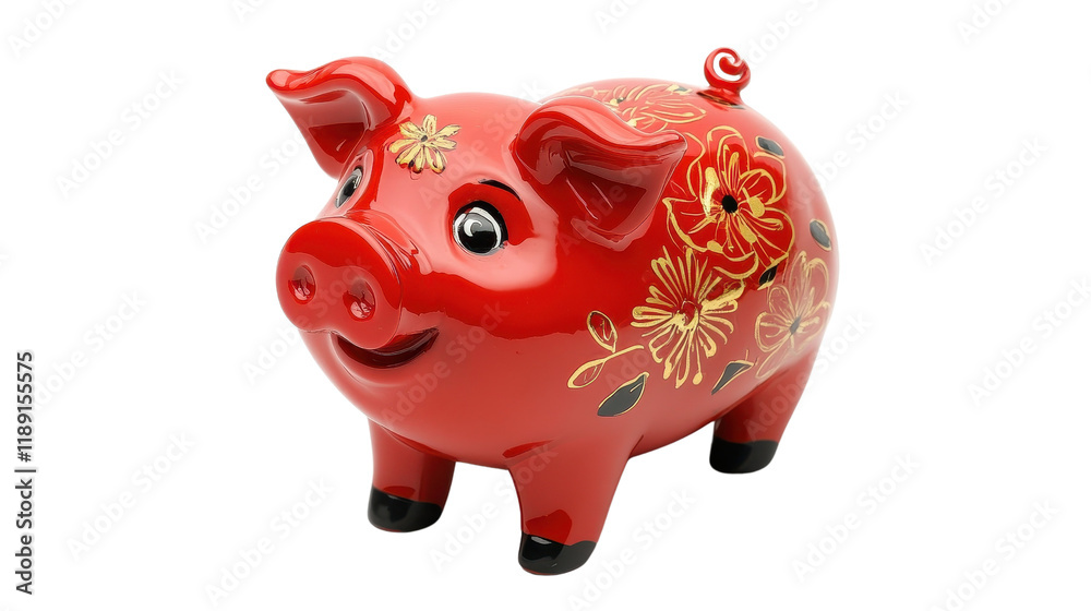 Obraz premium Red Piggy Bank with Floral Decoration for Savings and Investment