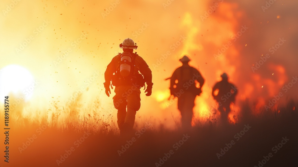 Fototapeta premium Brave firefighters combating fierce wildfire under sunset glow, showcasing courage and teamwork in challenging conditions
