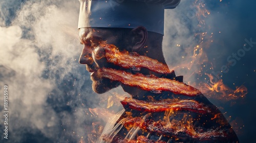 Chef surrounded by bacon flames creating a dramatic and flavorful cooking atmosphere photo