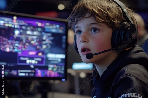 Animated Young Gamer Focused on Live Streaming Tournament with Engaging Displays and Exciting Environment photo