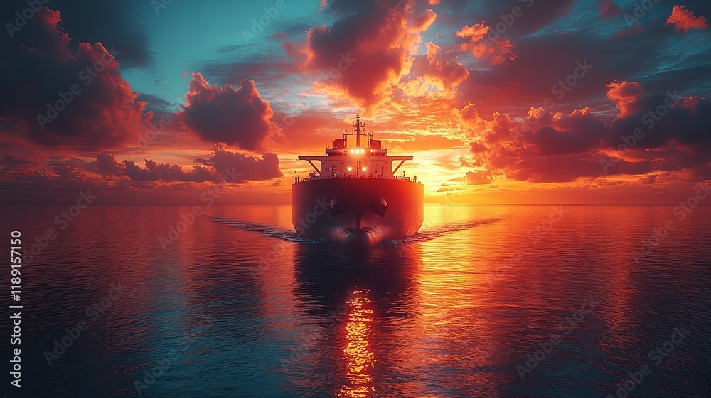Majestic Cargo Ship at Fiery Sunset: A Dramatic Ocean Scene Majestic Cargo Ship at Fiery Sunset: A Dramatic Ocean Scene